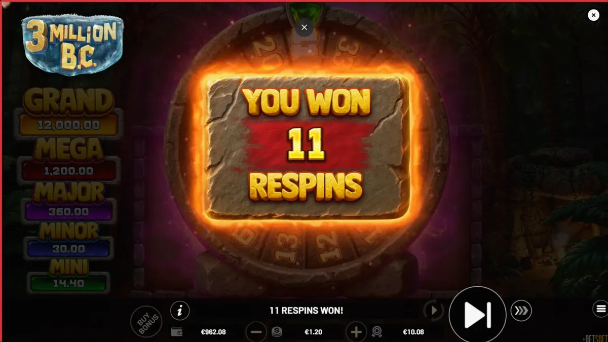 Cena do jogo de slot 3 Million B.C. com temática pré-histórica