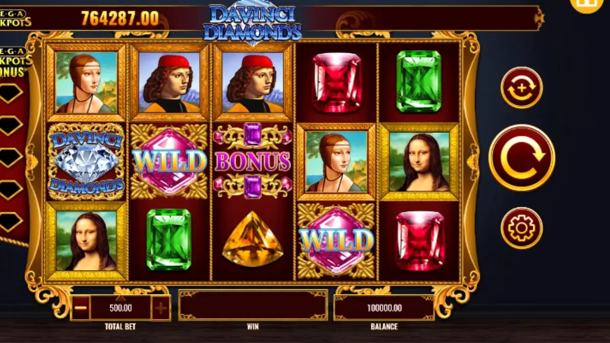 Interface do jogo de slot Mega Jackpot DaVinci Diamonds com símbolos de arte renascentista e diamantes.