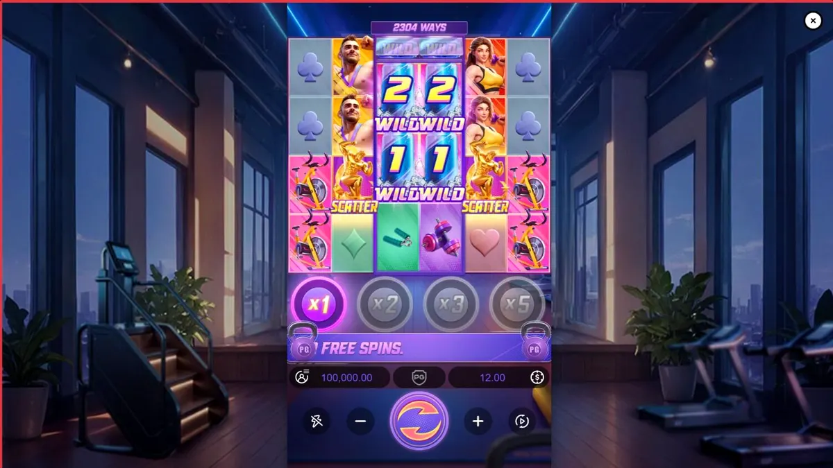 Interface vibrante e moderna do slot Mighty Mania com tema de academia